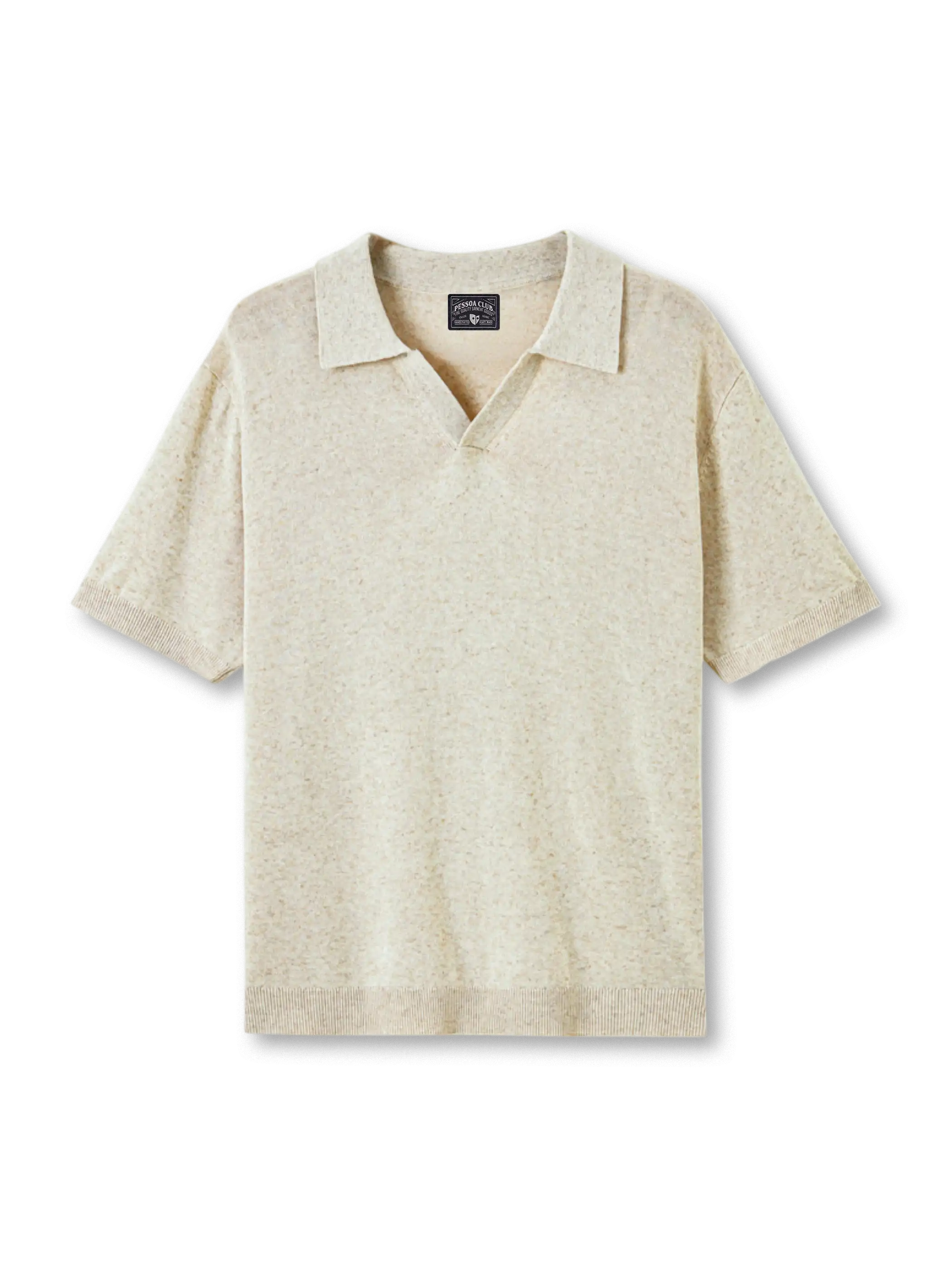 レーヨンリネンヘンリーニットの全身ビュー、ヘンリーネックとリブ編みディテールを強調。