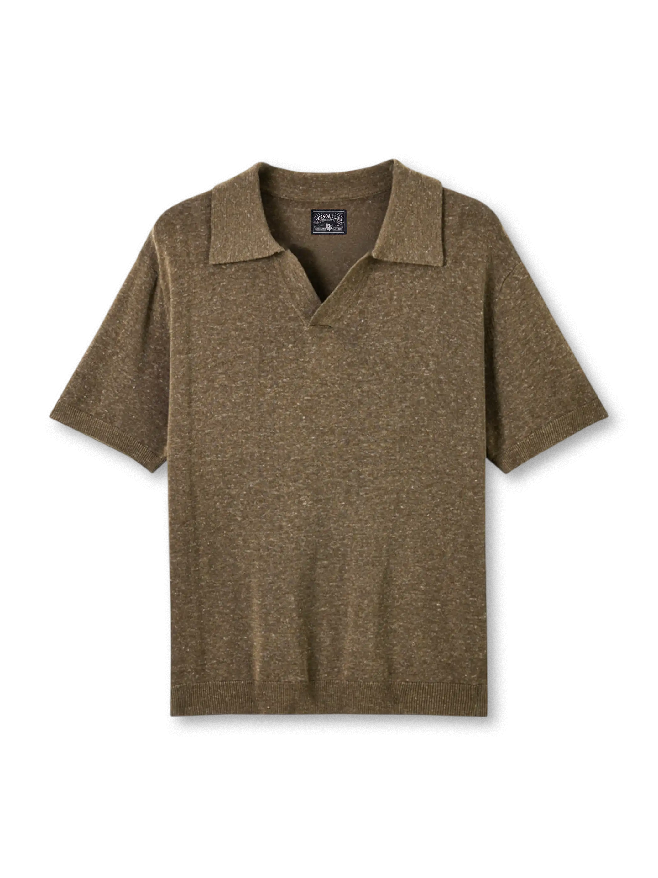 レーヨンリネンヘンリーニットの全身ビュー、ヘンリーネックとリブ編みディテールを強調。