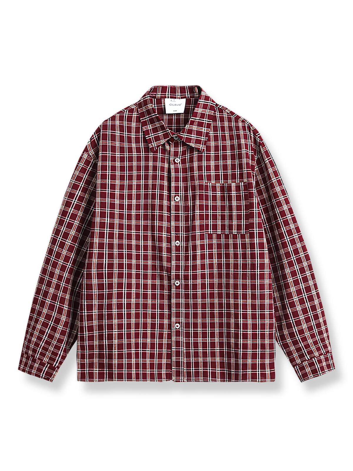 ワインレッドとダークトーンのレッドチェック柄長袖シャツ。
