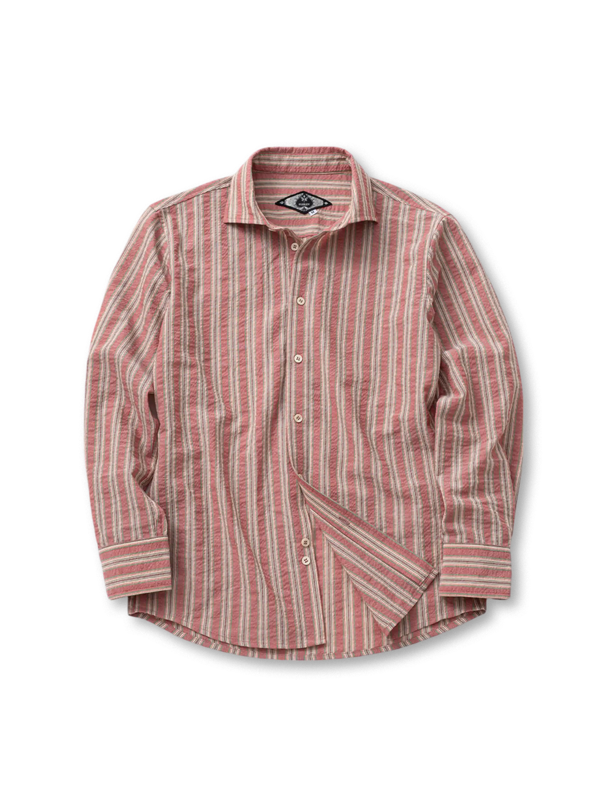 シーサッカー生地と多重ストライプが特徴の軽やかで通気性に優れた長袖シャツ。洗濯後も扱いやすい。