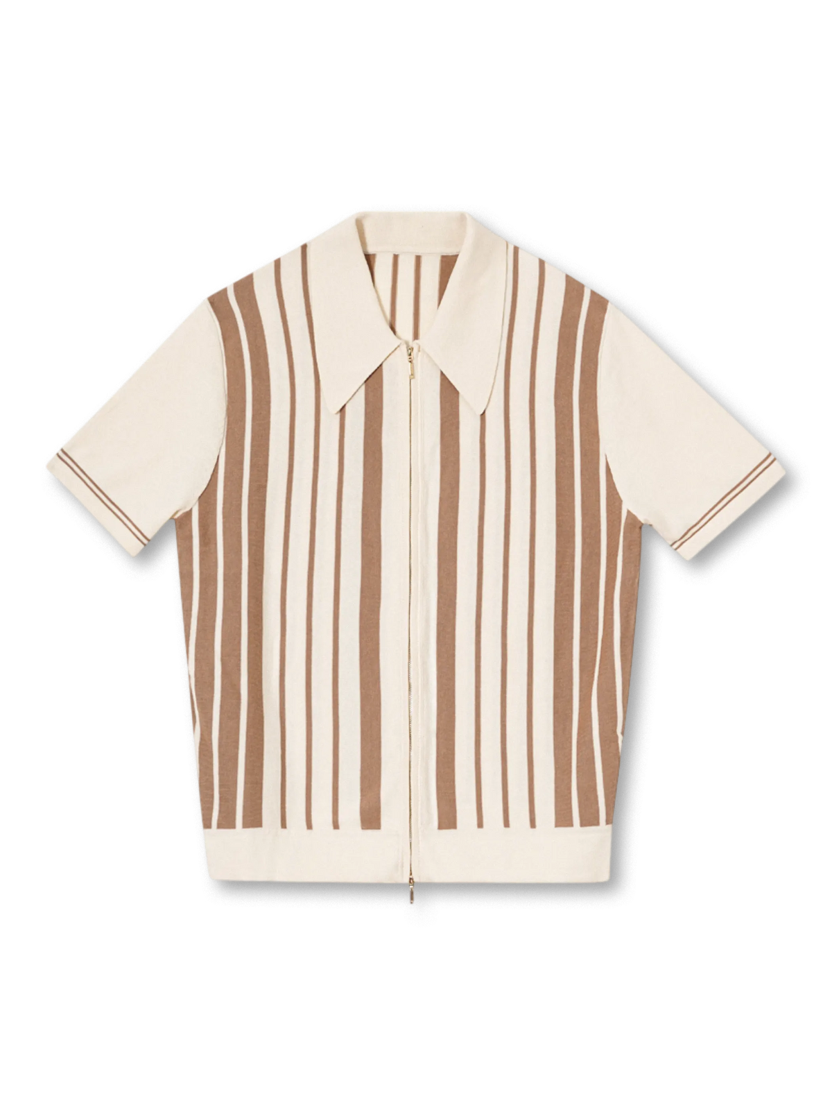 ブラウンストライプとフルジップが特徴のリラックスフィットニットポロ