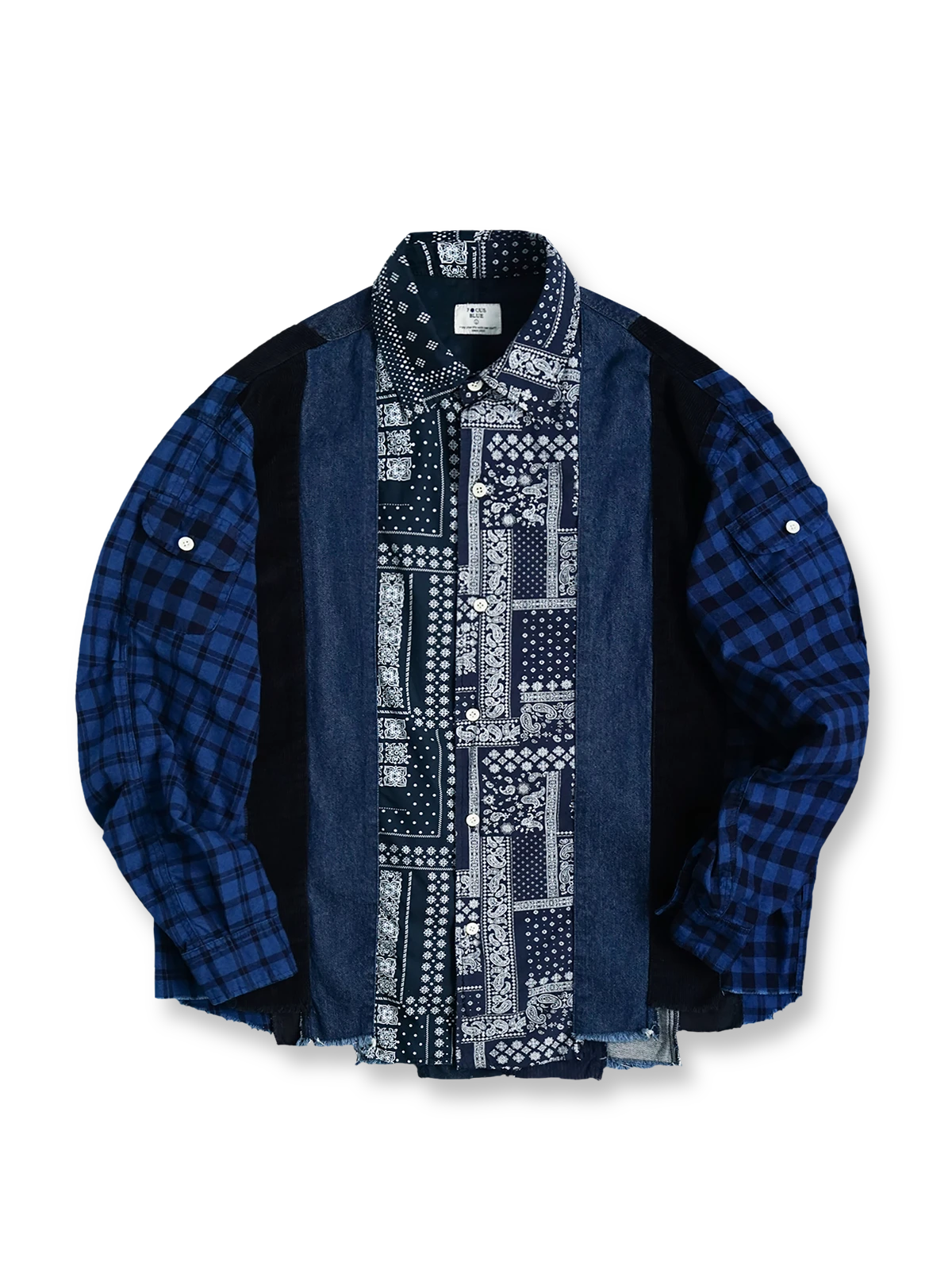 REMAKEパッチワークアシンメトリーヘム長袖シャツの全体正面画像、異素材パッチワークとアシンメトリーヘムのディテール。