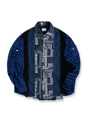 REMAKEパッチワークアシンメトリーヘム長袖シャツの全体正面画像、異素材パッチワークとアシンメトリーヘムのディテール。