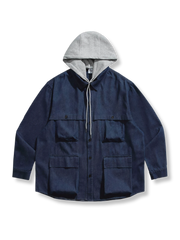 取り外し可能なフード付きルーズフィットデニムジャケット