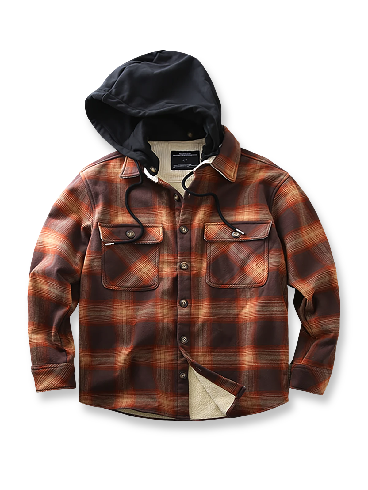 取り外し可能なフードと裏起毛を備えたチェック柄シャツ。