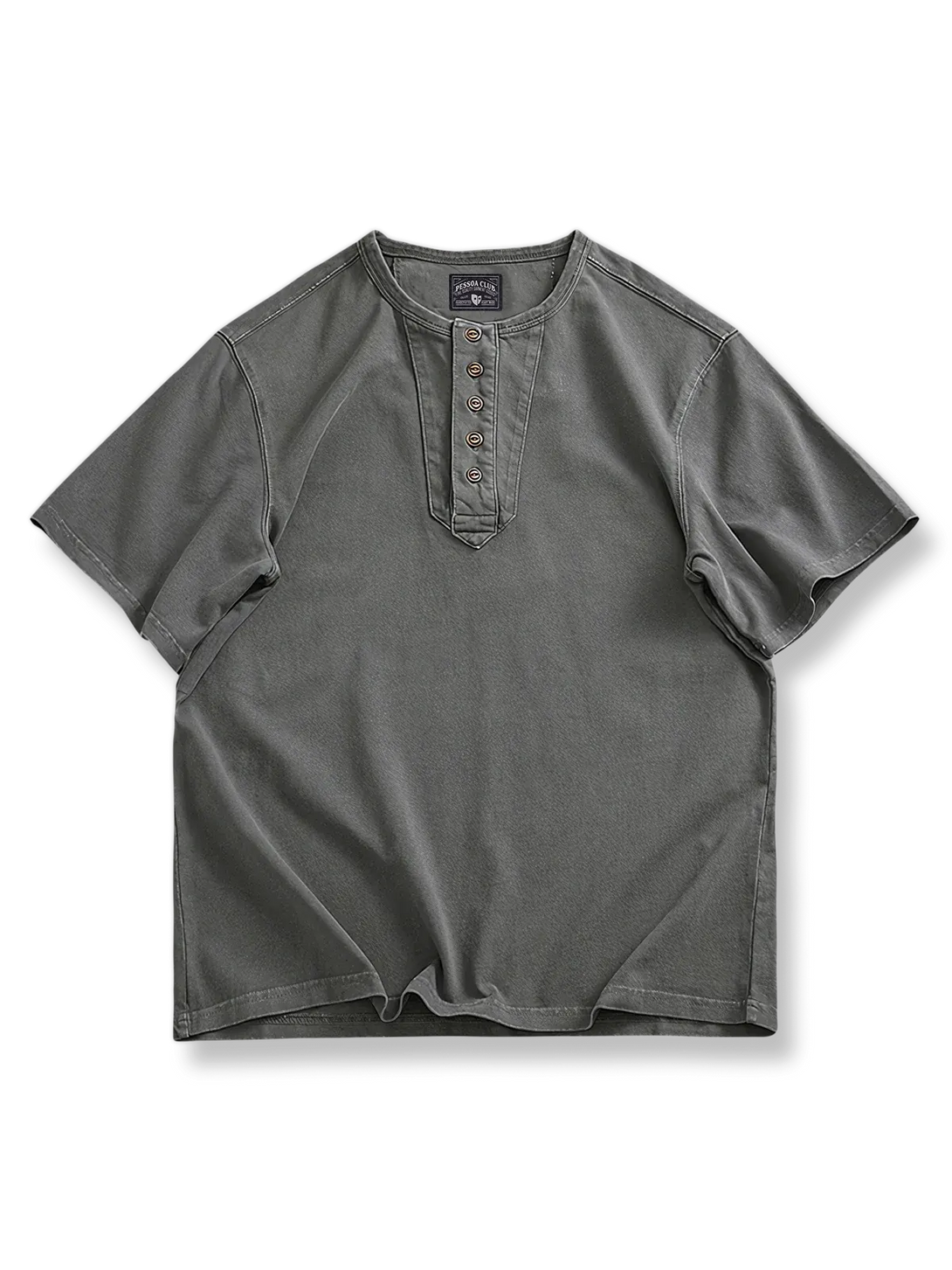 パッチワークボタンカラーとリブ襟が特徴の320gヘビーコットン半袖Tシャツ