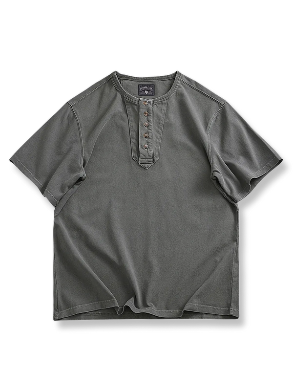 パッチワークボタンカラーとリブ襟が特徴の320gヘビーコットン半袖Tシャツ