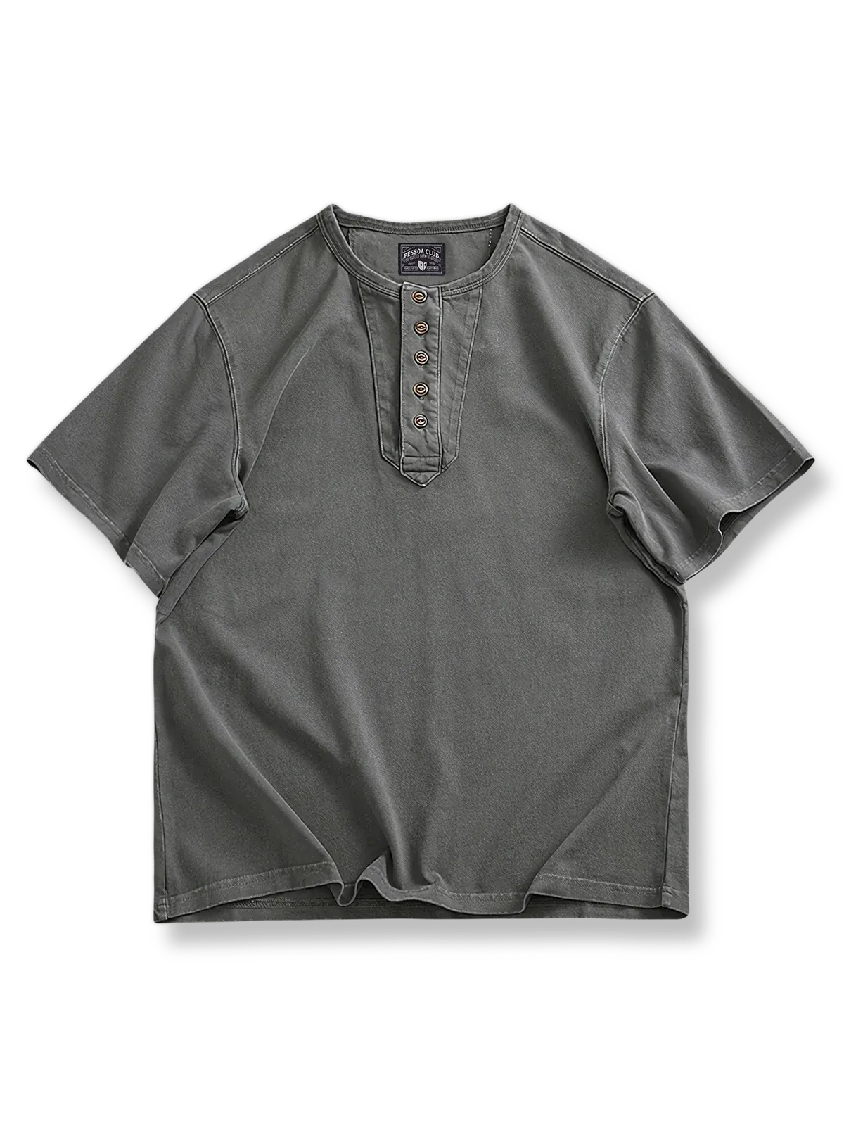 パッチワークボタンカラーとリブ襟が特徴の320gヘビーコットン半袖Tシャツ