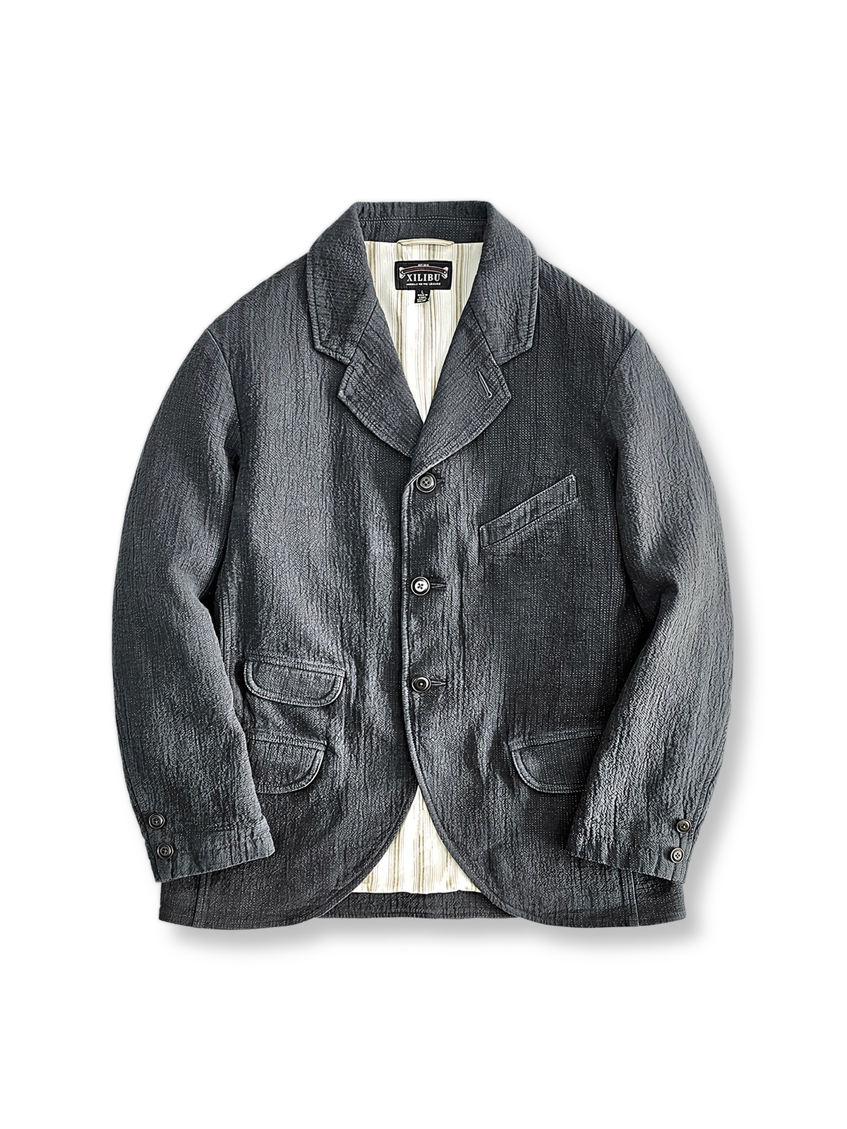 20世紀初頭風ヴィンテージ素材とラウンド裾が特徴のリラックスフィットカジュアルスーツジャケット。