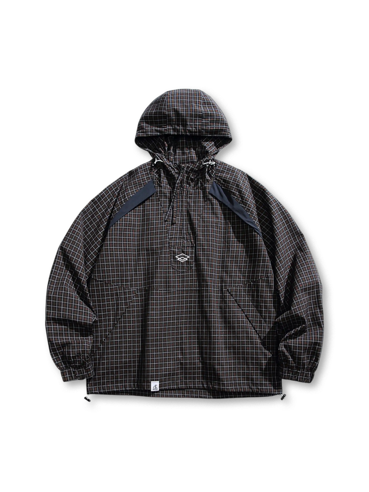 レトロチェック柄と配色切り替えが特徴のコットン製フードジャケット。調節可能なドローコード付きで快適な着心地。