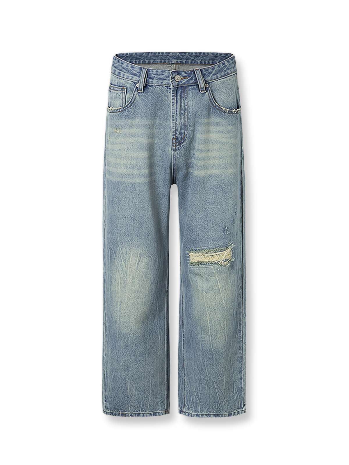 レトロな破れ加工が施されたストレートジーンズ