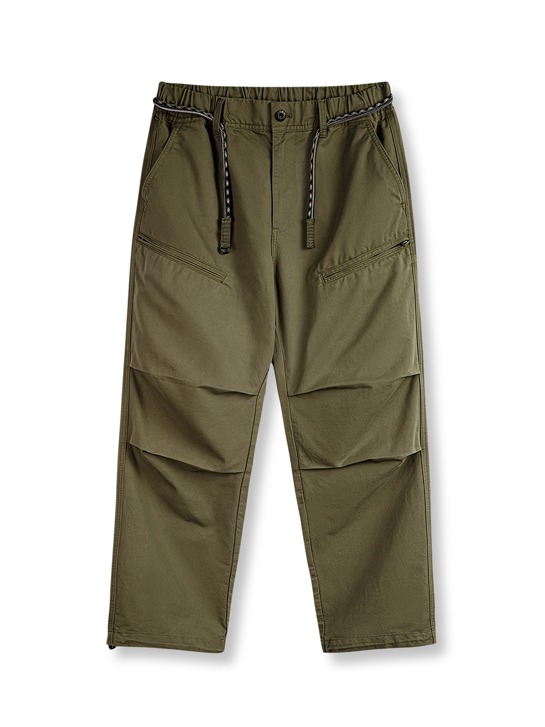 ダブルプリーツとドローストリングが特徴のコットン製パラシュートカジュアルパンツ