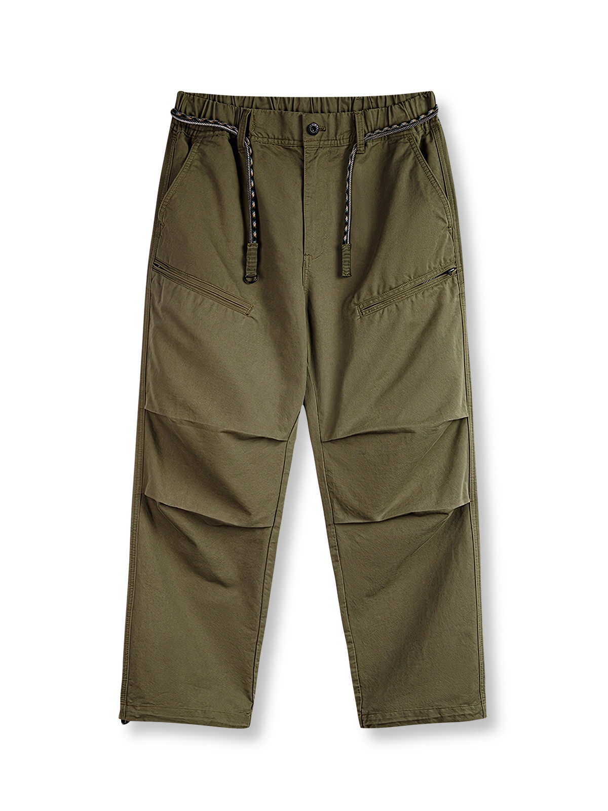 ダブルプリーツとドローストリングが特徴のコットン製パラシュートカジュアルパンツ