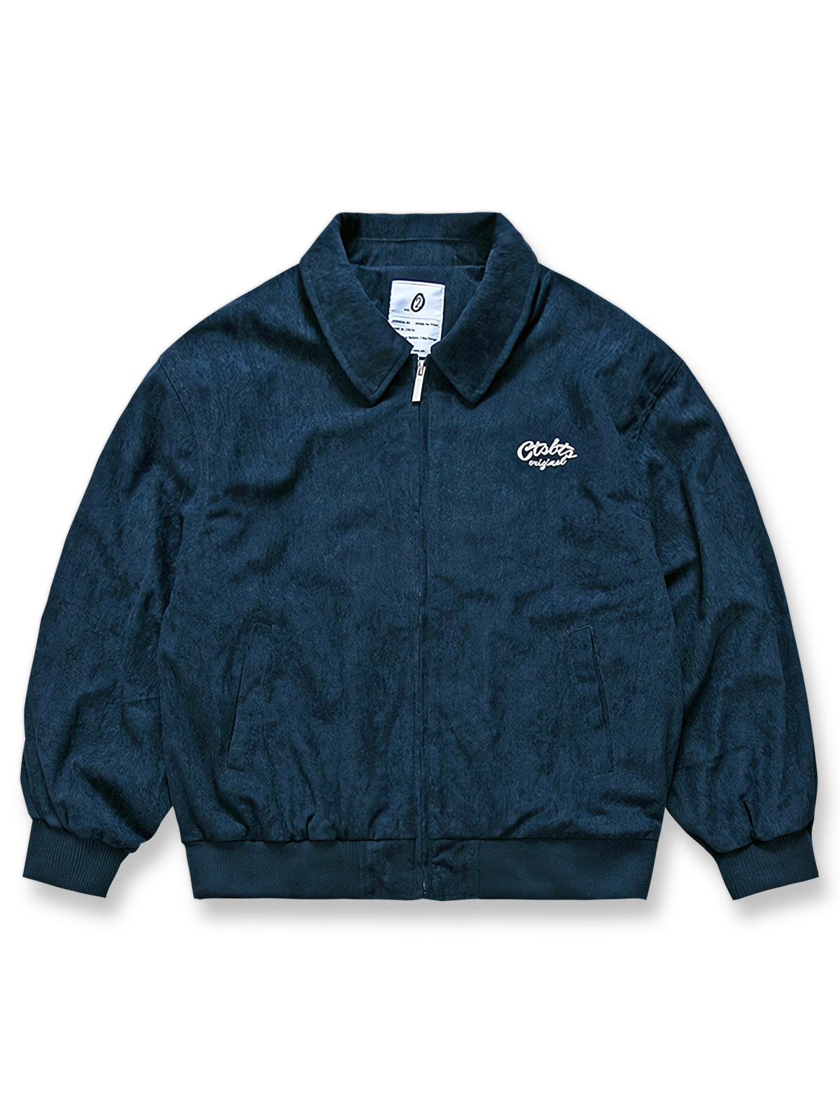 襟付きコーデュロイにレトロ刺繍ロゴをあしらったジャケット