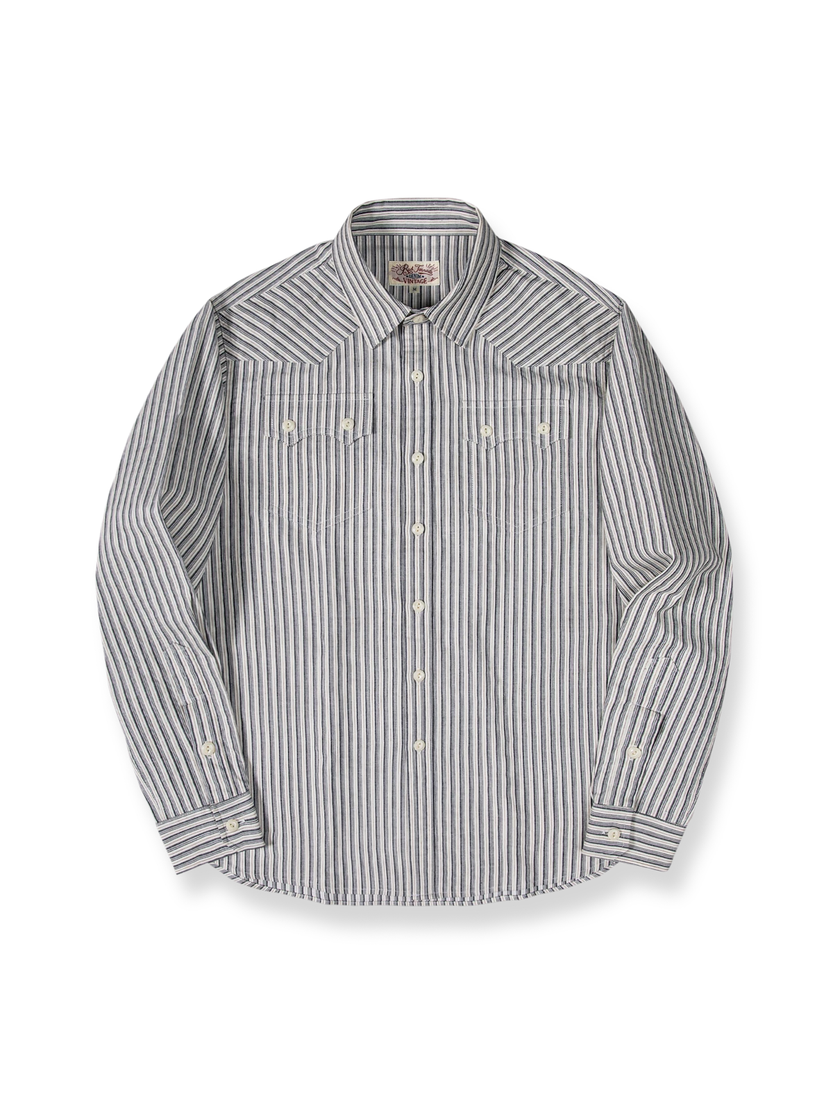 細ストライプ柄のレトロスタイル半袖シャツ