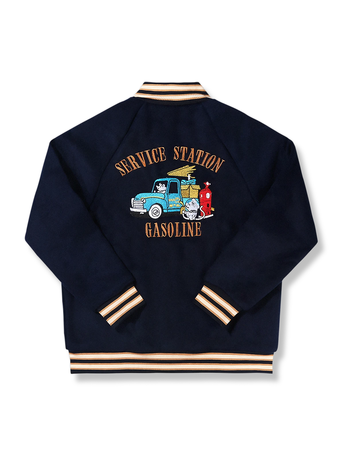 レトロなガソリンスタンドモチーフのベースボールジャケットの製品イメージ