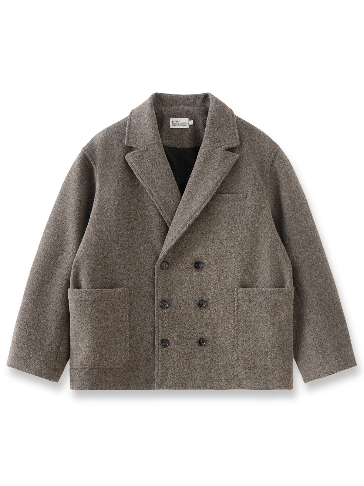 縦ストライプのミックスカラーが特徴のヘビーウール混ダブルブレストジャケット、レトロな冬のスタイルに最適