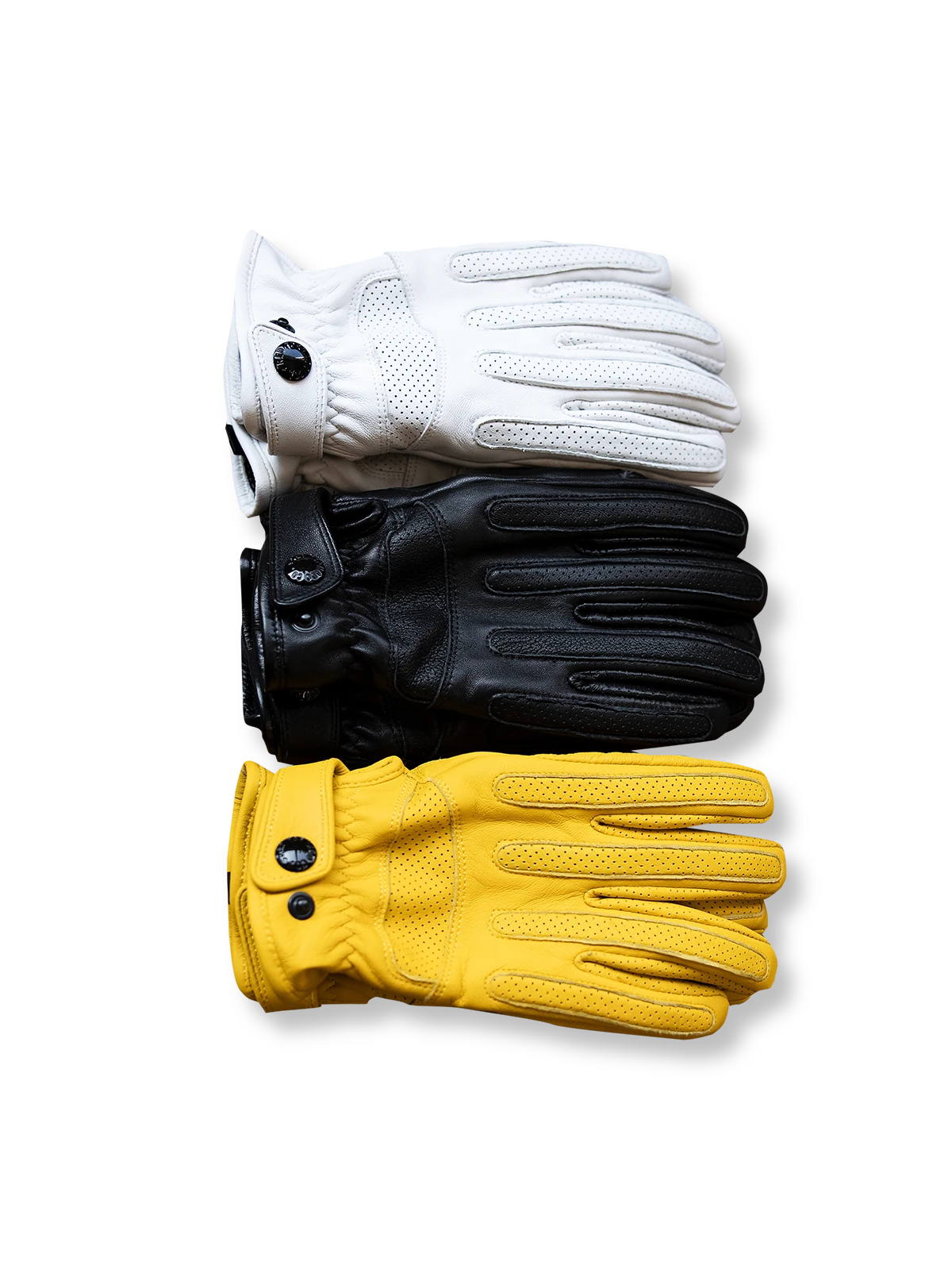 指先タッチスクリーン対応のパンチング＆バックル付きレトロ羊革バイクグローブ。