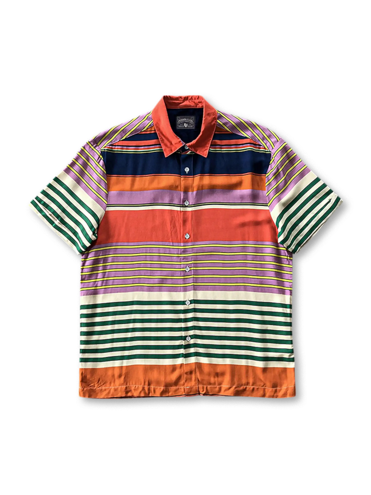 しなやかなレーヨンにマルチカラーのボーダーが映えるオープンカラーシャツ