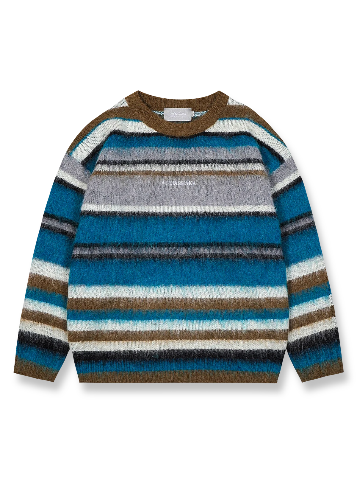 レトロなパッチワークとストライプデザインのウール混紡ニットセーター。胸元刺繍が上品なアクセント。