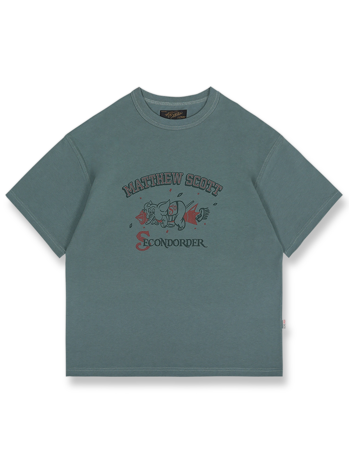 レイクブルーとウォーターグリーンの配色、小さな象と鳩のプリントが特徴のドロップショルダー半袖Tシャツ