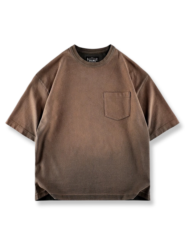 手染めグラデーションとウォッシュ加工が特徴のレトロラウンドネックコットンTシャツ