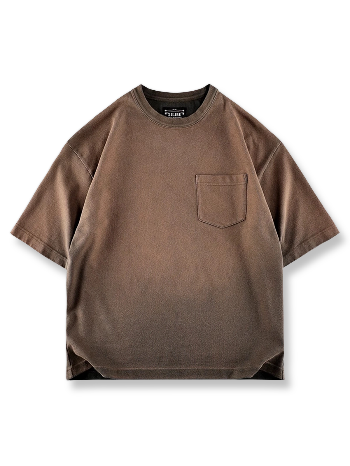 手染めグラデーションとウォッシュ加工が特徴のレトロラウンドネックコットンTシャツ