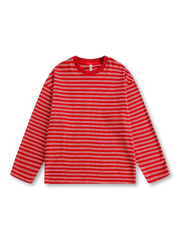 カラーコントラストとストライプデザインが特徴の軽量で通気性に優れたレトロストライプベースシャツ。