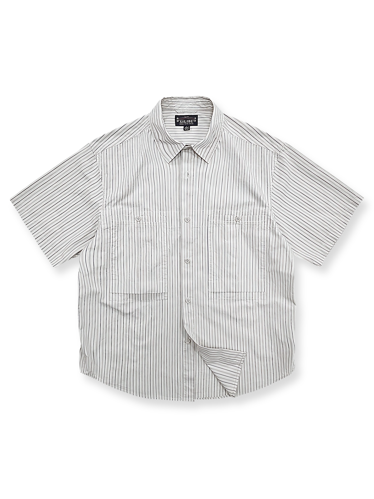 レトロストライプ柄とダブルポケットが特徴の全綿ワーク半袖シャツ