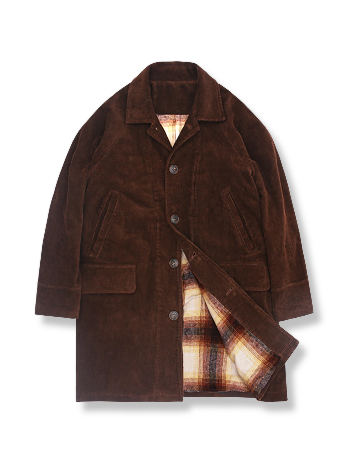 裏地がチェック柄のミドル丈コーデュロイコート