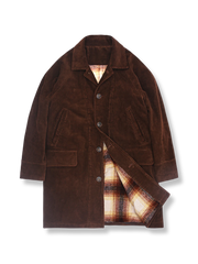 裏地がチェック柄のミドル丈コーデュロイコート