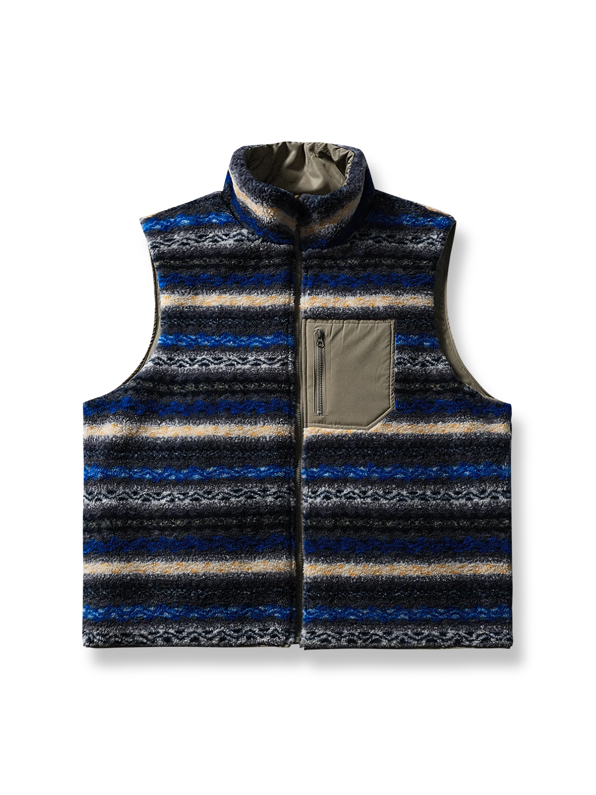 民族風デザインと保温性を兼ね備えたリバーシブルラムファーベスト