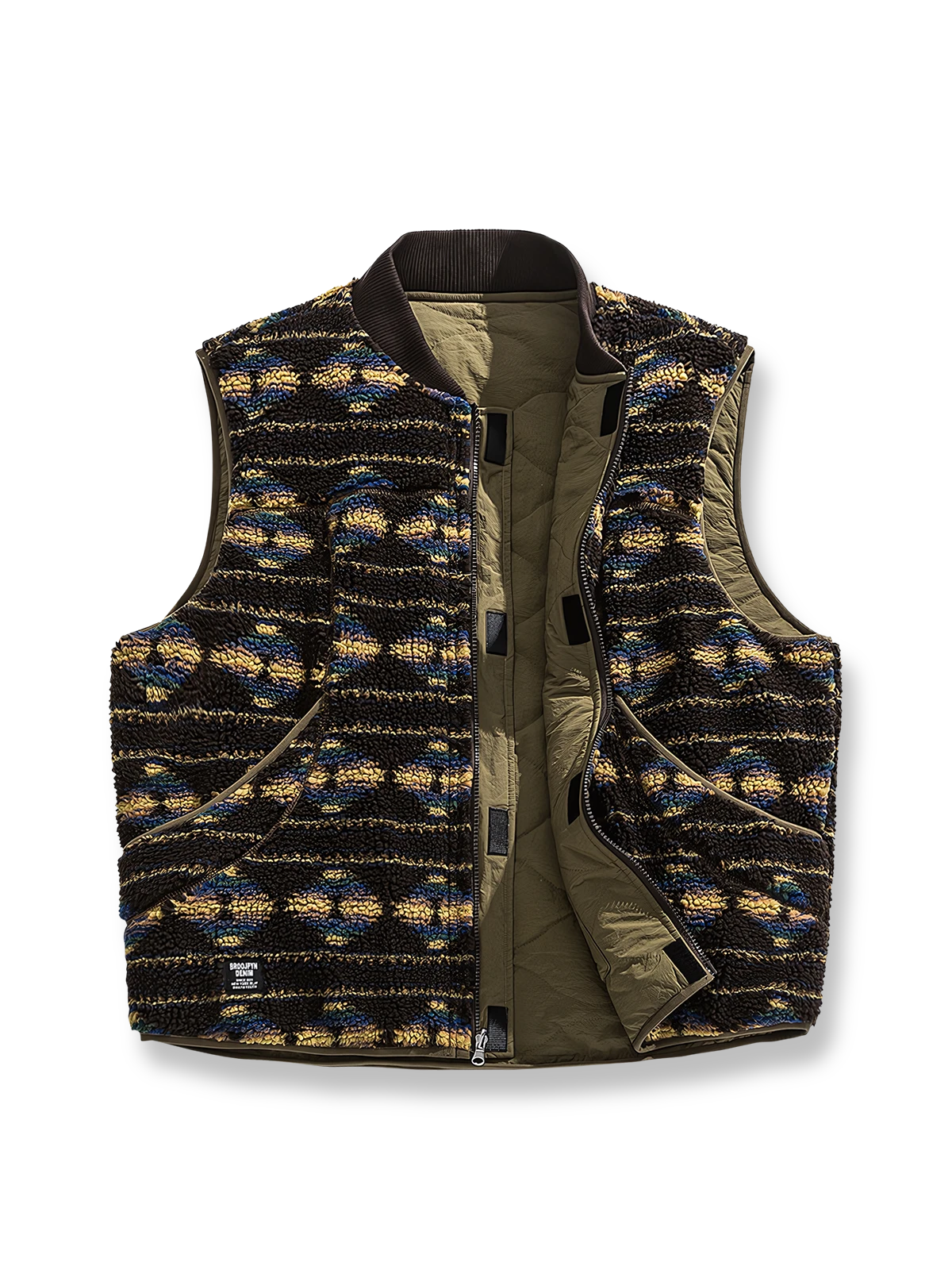 リバーシブル仕様の民族柄ワーク中綿ベスト。