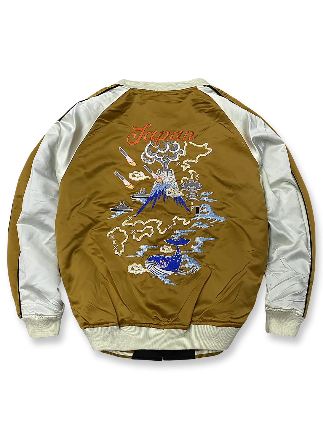 富士山と波、クジラの刺繍と鬼若丸の戦いをシルク×ベルベットで表現したリバーシブルスカジャン。