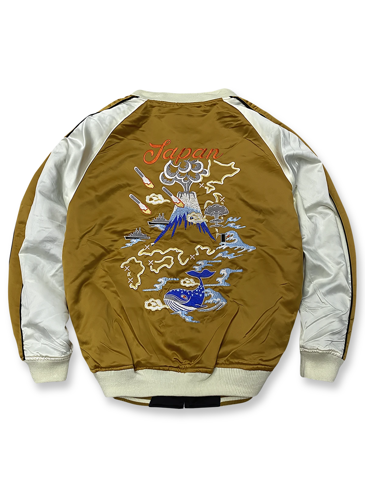 富士山と波、クジラの刺繍と鬼若丸の戦いをシルク×ベルベットで表現したリバーシブルスカジャン。