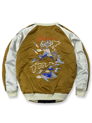 富士山と波、クジラの刺繍と鬼若丸の戦いをシルク×ベルベットで表現したリバーシブルスカジャン。