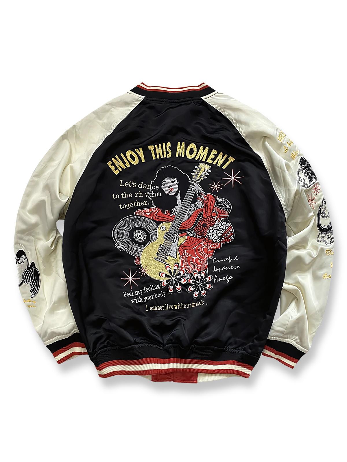 リバーシブルでテッドマンと着物ギタリストを刺繍したシルクサテンスカジャン。