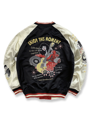 リバーシブルでテッドマンと着物ギタリストを刺繍したシルクサテンスカジャン。