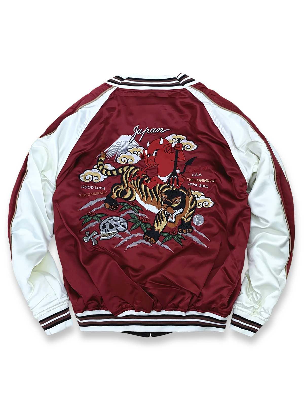 七福神の宝船と赤鬼・虎をシルク刺繍で表現したリバーシブルスカジャン。