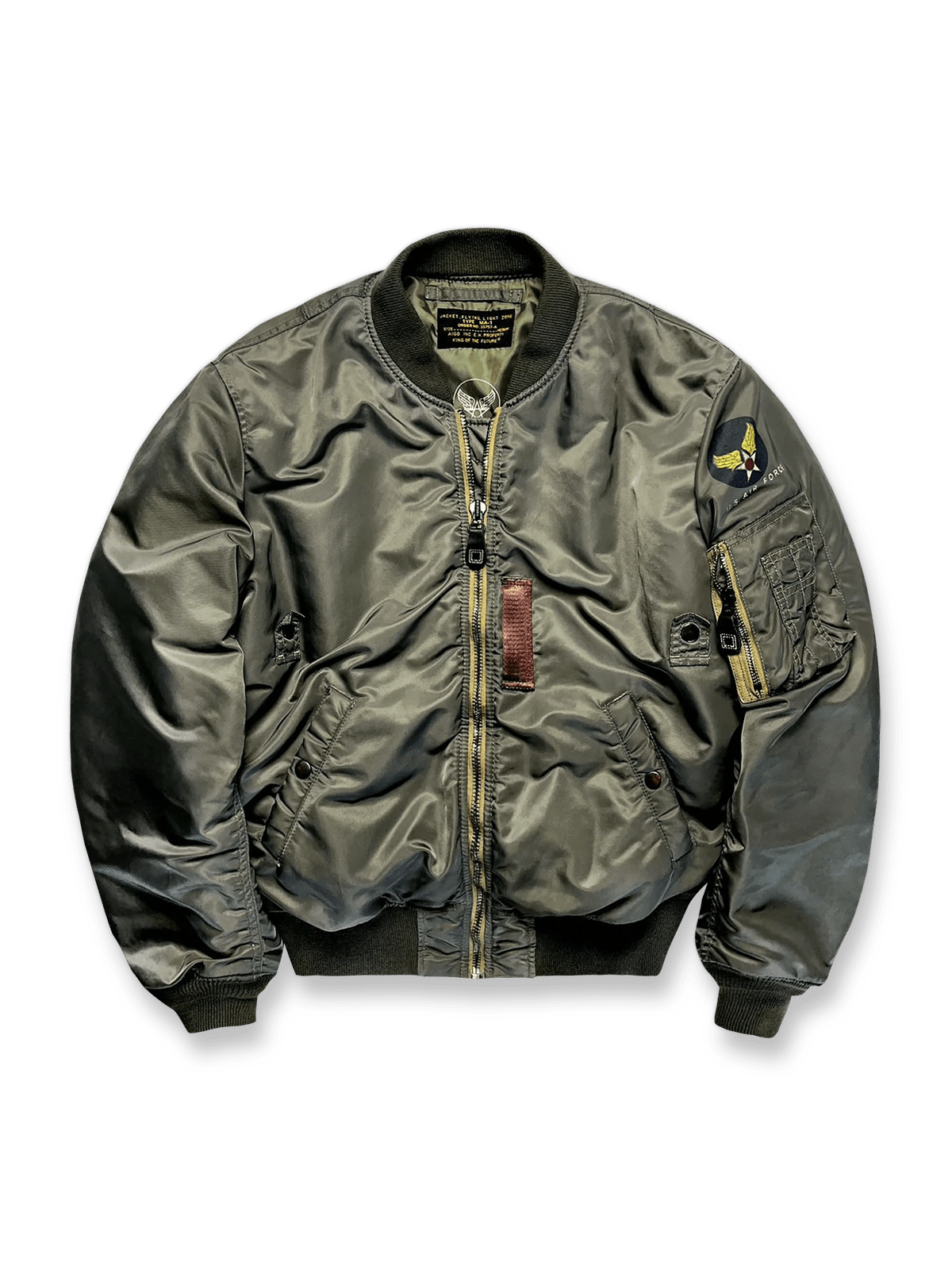 リバーシブル仕様のMA-1フライトジャケット。両面ウールライナー、防風防水シェル、IDEAL/TALONジッパーを備えたミリタリーデザイン。