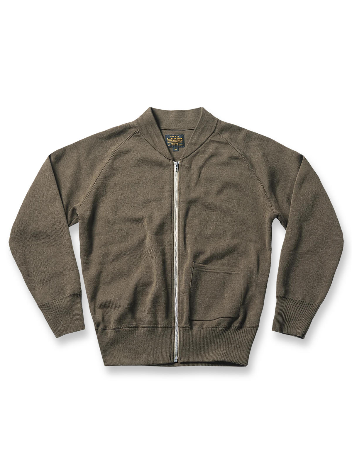 1940年代WWIIのC-2軍用ニットを再現したジップアップカーディガン。オリーブグリーンのクラシックなデザインで高い保温性を持つウール混紡素材を使用。隠しポケットとリブ編み襟が特徴。秋冬のカジュアルやミリタリースタイルに最適。
