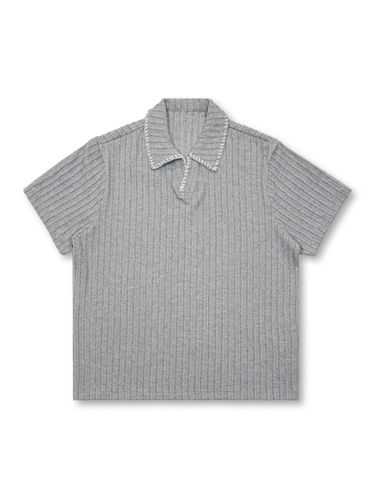 麦穂柄リブ編みとレーストリムが際立つニットポロシャツ