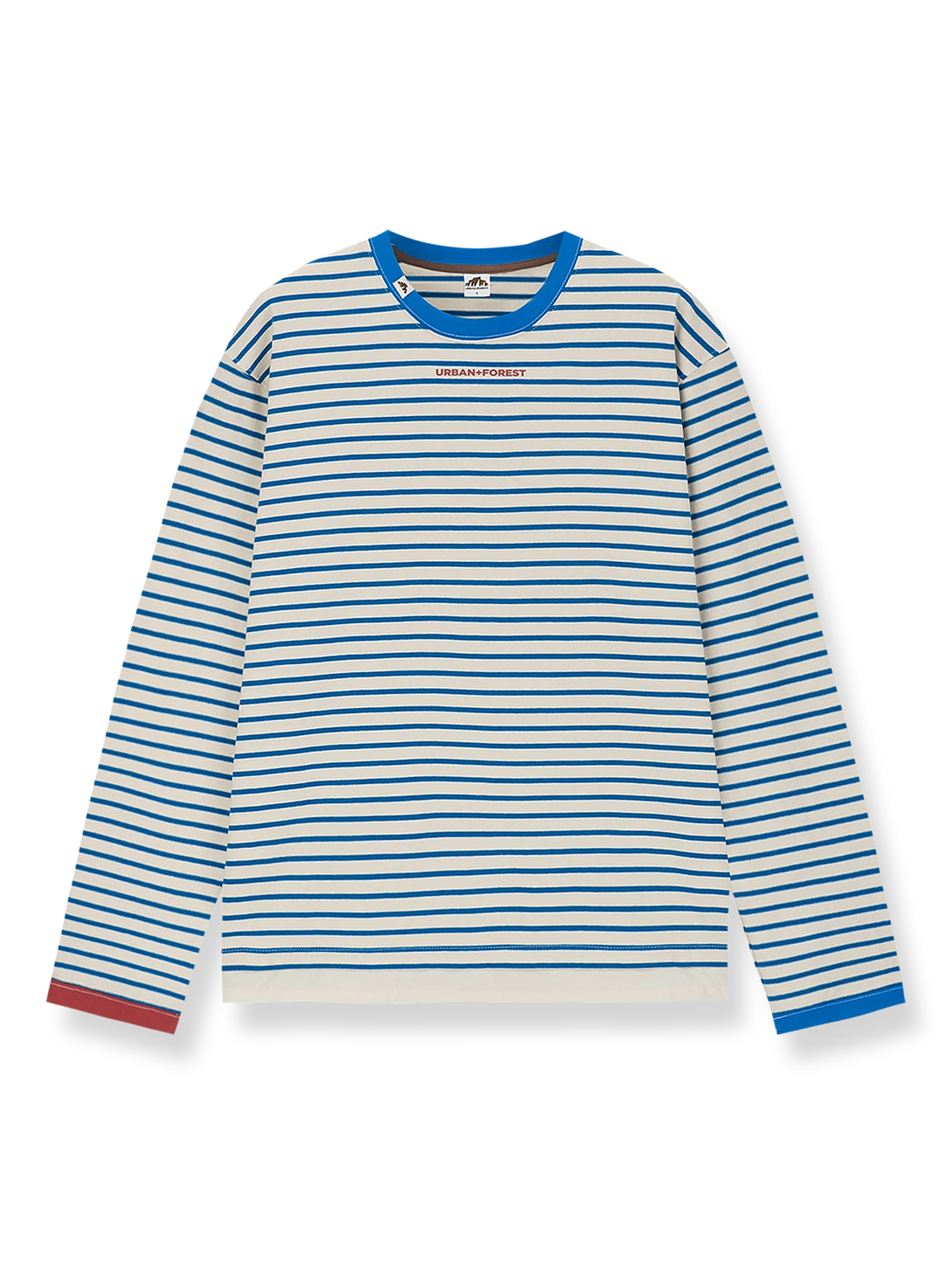 リブ切り替えストライプとアートワークプリントが映える長袖Tシャツ。
