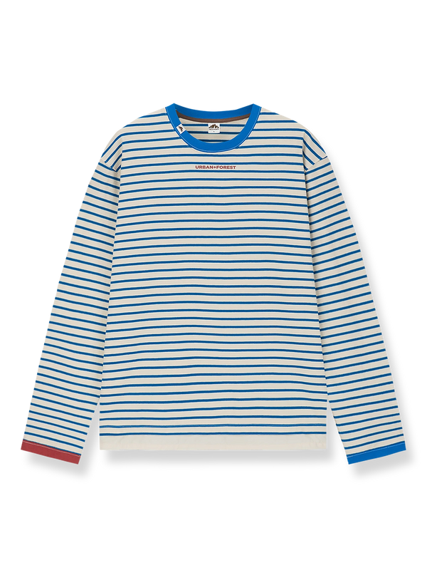 リブ切り替えストライプとアートワークプリントが映える長袖Tシャツ。
