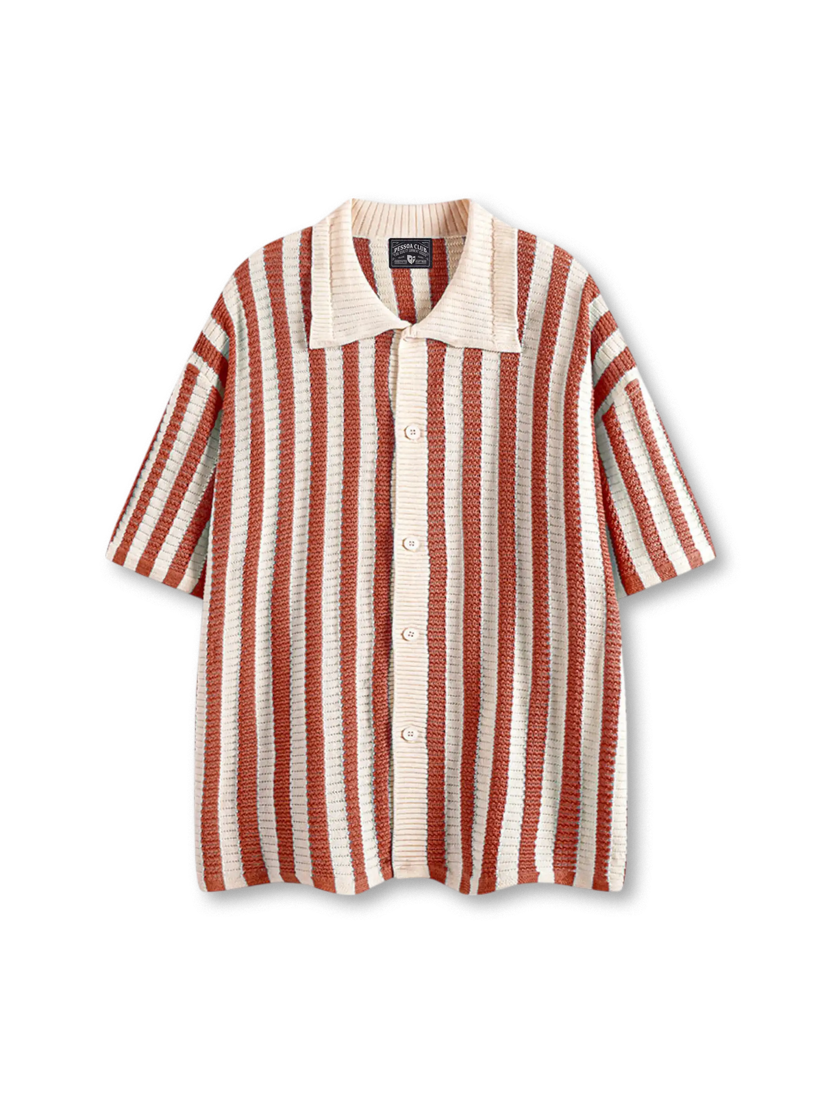 蜂の巣状リブ編みの縦ストライプが映える薄手ニットシャツ