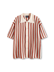 蜂の巣状リブ編みの縦ストライプが映える薄手ニットシャツ