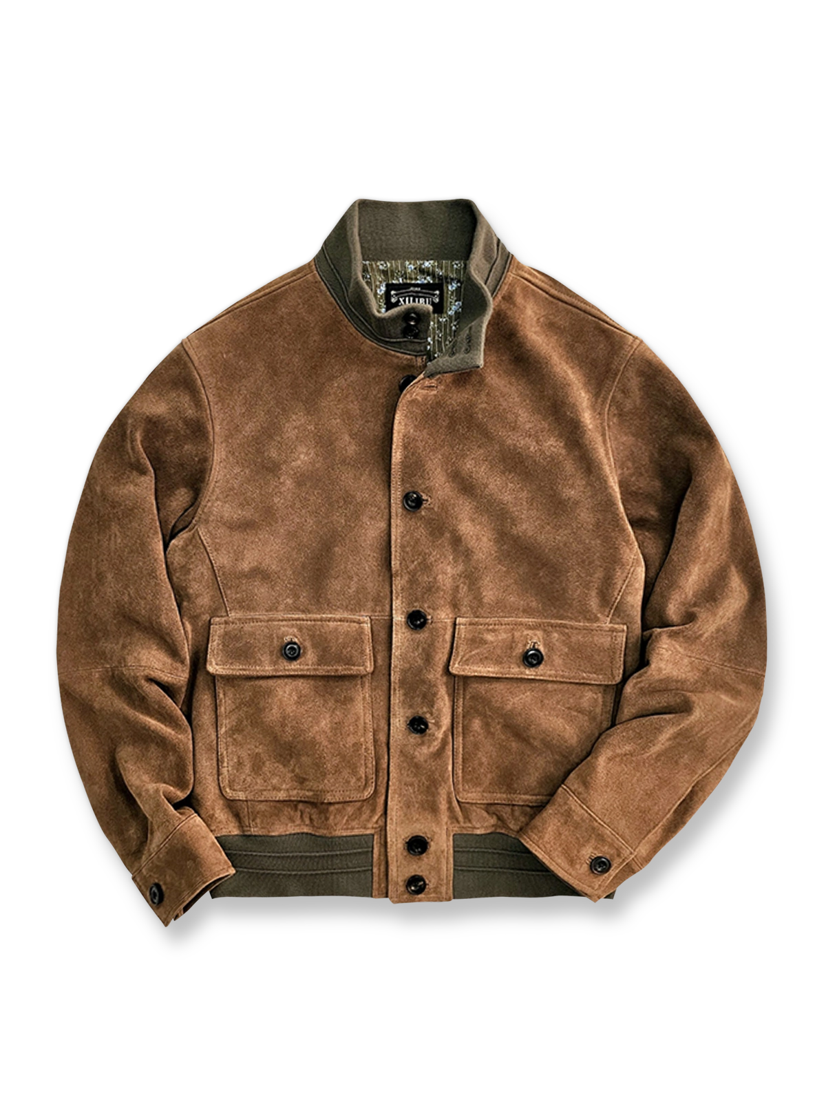 リブ仕様のスタンドカラー付きヴィンテージ風レザージャケット