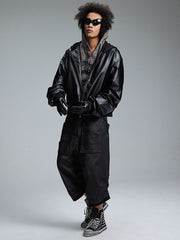 ショート丈 フード付きレザージャケット