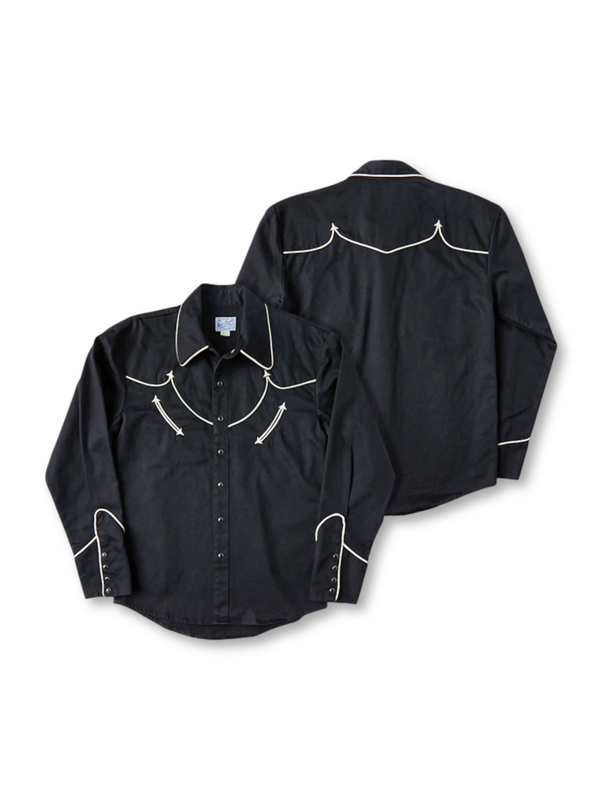 300g厚手コットンサテンとオフホワイトパイピングが特徴のロカビリースタイルウエスタンシャツ。