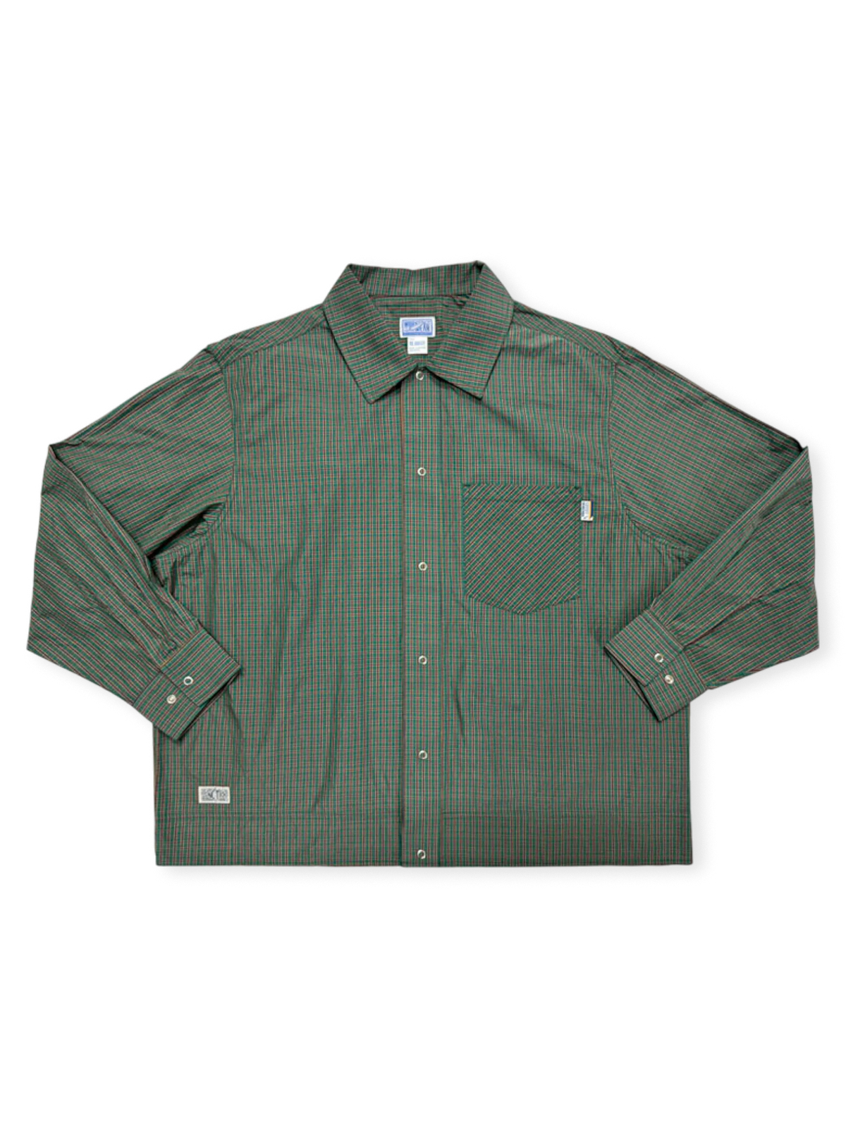 「Rude Style」短幅カッティングとチェック柄のショートワイドシャツジャケット。YKK五爪ボタンとカスタム織唛付き。